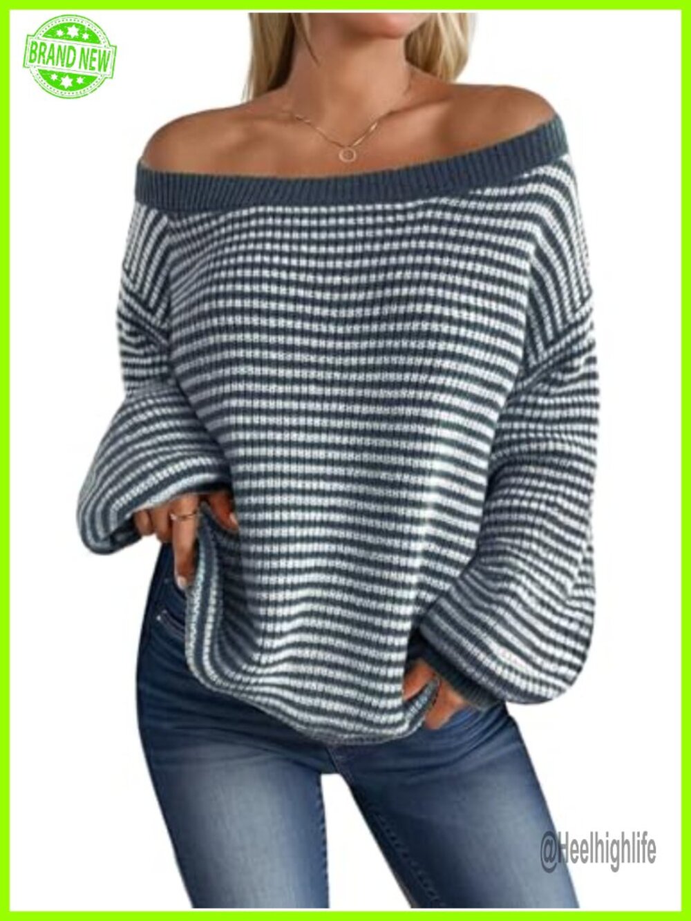 Womens Off the Shoulder Striped Oversized Knit Sweater Pullover